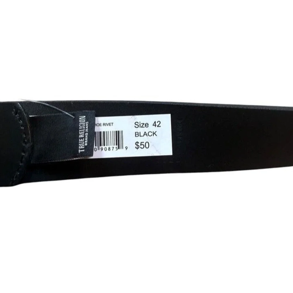 True Religion Earl Horseshoe Rivet Keeper Belt Black Mens Size 42 Leather NWT